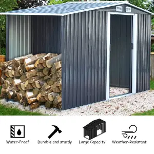 8 x 4 ft Metal Shed Garden Storage Shed Apex Roof Double Door with 4.3 x 2.1 ft Log Store,Black