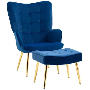 HOMCOM Upholstered Armchair with Footstool Set, Modern Button Tufted Accent Chair with Gold Tone Steel Legs, Wingback Chair, Blue