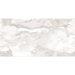 Santiago Gloss Cream Marble Effect Porcelain Wall & Floor Tile - Pack of 16 Tiles, 11m² - (L)600(W)1200mm