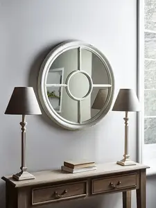 Covingtion Farmhouse Round Mirror/Window Mirror-Distressed White