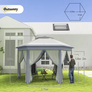 Outsunny 4x4m Hexagon Gazebo w/ Metal Frame Mesh Curtains Outdoor Garden, Grey