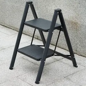 Black 2 Step Ladder Folding Metal Non Slip Stool Heavy Duty Carbon Steel