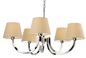 Luminosa Fairmont 5 Light Multi Arm Chandelier Polished Stainless Steel, Cream Linen Shade, E14