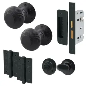 AFIT Beehive Reeded Black Bathroom Door Knob Set - 1 Pair Matt Black Mortice Knobs (55mm), Lock (80mm) & Hinges (76mm)