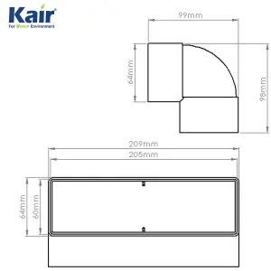 Kair 90 Degree Vertical Elbow Bend 204mm x 60mm - 8 x 2 inch Rectangular Plastic Ducting Adaptor