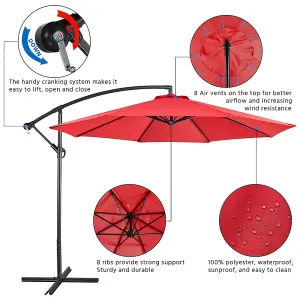 Yaheetech Red 3m Patio Offset Umbrella Outdoor Parasol with Crank