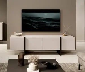 TV Cabinet Beige Black Entertainment Unit 160cm Stand Handleless Cashmere Modern Kiznie