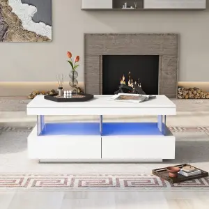 High Gloss Tea Table with 16-Color LED Lights, with 2 Drawers and Open Storage Space, White