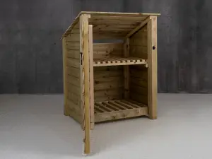 Wooden log store (roof sloping back) with door and kindling shelf W-99cm, H-126cm, D-88cm - natural (light green) finish