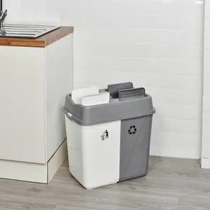 URBNLIVING 60L Duo Kitchen Bin Waste Garbage Can 2 Compartments With Bas Connectors (White/Grey)