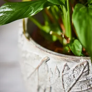 Set of 2 Grey Leaf Embossed Small & Large Flower Planter Indoor Outdoor Plant Pot