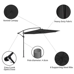 3M Large Rotatable Garden Sun Shade Cantilever Parasol Patio Hanging Banana Umbrella Crank Tilt No Base, Black