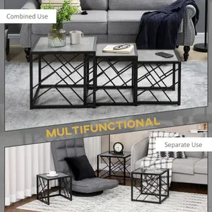 HOMCOM Set of 3 Nesting Coffee Tables Square End Tables w/ Metal Frame, Grey