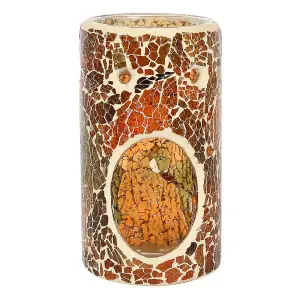 Brown Glass Pillar Shaped Oil, Wax Melt Burner. Mirrored Crackle Effect. H14.5 cm