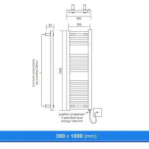 300x1000mm Straight Chrome Heated Towel Warmer Ladder Rail Radiator