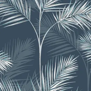 South Beach Palm Leaf Wallpaper Navy Blue Fine Decor FD42681