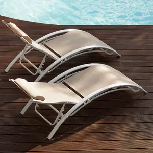 Sun Lounger Set of 2 Alina - 5-step backrest, head cushion, aluminium frame - beige