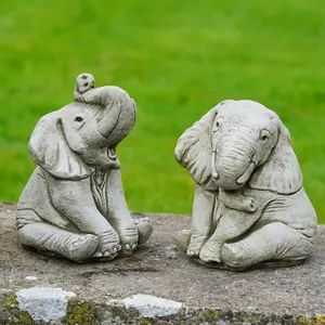 Elephant Stone Statue Outdoor British Made Garden Ornament Set 2