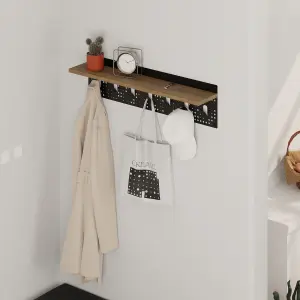 Decortie Modern 7 Hooks Wall Mounted Popy Hanger with Floating Shelf Laser-cut Metal Surface Oak