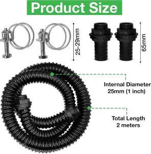 Premium Corrugated Flexible Hose Pond Pipe Set 25mm / 1inch-  2-meter with 2 Double-Wired Hose Clips and 2 Heavy Duty Plastic Butt