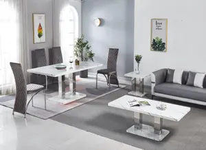 Modernique White MDF Marble Effect Dining Table with 4 Grey Velvet Chairs