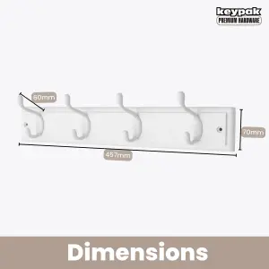 keypak 4-Hook Wall-Mounted Coat Rack, 45cm - White Wooden Board, White Coat Hooks - Fixings Included