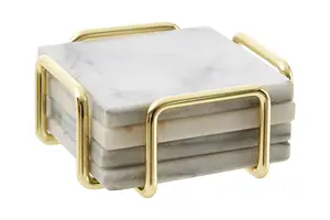 Maison by Premier Delphine Set Of 4 White Marble Coasters with Brass Finish Holder