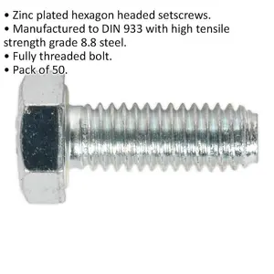 50 Pack M6 x 16mm Grade 8.8 Zinc Setscrews - Fully Threaded DIN 933