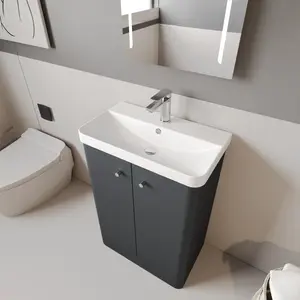 Floor Standing 2 Door Bathroom Vanity Unit with Ceramic Basin - 600mm - Soft Black