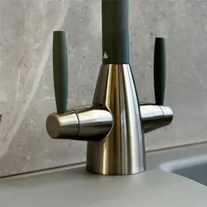 Liquida LB01GR Swan Neck Twin Lever Brushed Steel and Grey Kitchen Tap