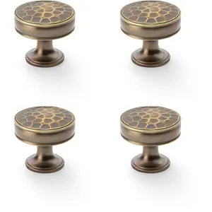 4 PACK - Round Hammered Door Knob - Antique Brass 38mm Diameter Cupboard Pull Handle