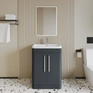 Floor Standing 2 Door Vanity Unit with Ceramic Basin - 600mm - Soft Black