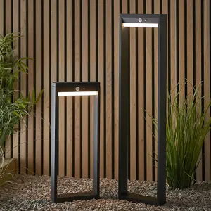 Luminosa Dannah Modern Solar Powered LED Box Shaped Bollard Lamp Textured Black, PIR Motion & Day Night Sensors, Warm White, IP44