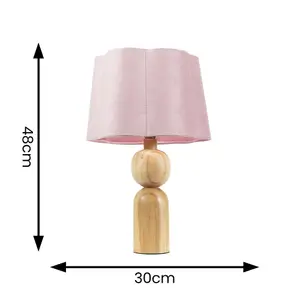 ValueLights Azalea Rustic Wooden Table Lamp with Blush Pink Velvet Scallop Shade