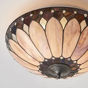 Tiffany Glass Semi Flush Ceiling Light Cream Bronze Round Inverted Shade i00036