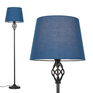 ValueLights Memphis Traditional Style Black Barley Twist Floor Lamp with Navy Blue Light Shade