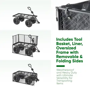 Garden TRAILER Deluxe High Sided Cart Pull Along Trolley 500kg Heavy Duty Black Utility Gardeners Wagon with Liner, Folding Sides