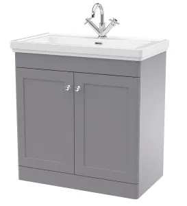 Traditional Floor Standing 2 Door Vanity Unit with 1 Tap Hole Fireclay Basin, 800mm - Satin Grey