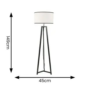 ValueLights Lottie Black Wood Tripod Floor Lamp with Linen Black Trim Drum Shade