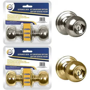 Silver Stainless Steel Door Handle Knob Entrance Locking Key Turn Bathroom Bedroom