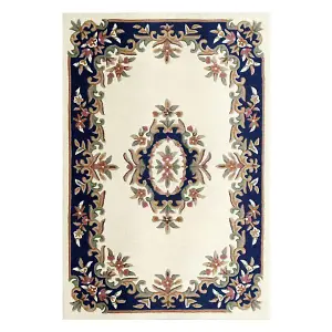 Handmade Borderded Floral Easy to Clean Cream Blue Traditional Wool Rug for Living Room & Bedroom-200cm X 285cm