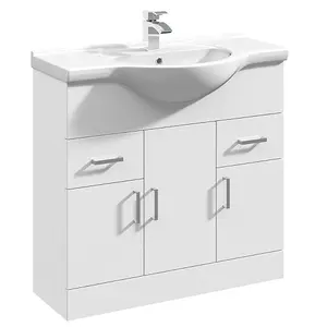 Nes Home 850mm Floorstanding 3 Door Basin Vanity Unit White