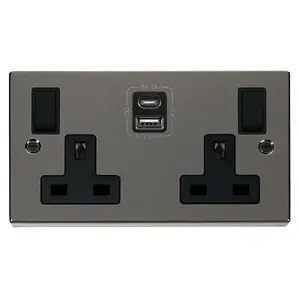 Black Nickel 2 Gang 13A Type A & C USB Twin Double Switched Plug Socket - Black Trim - SE Home