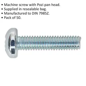 50 Pack Pozi Pan Head Machine Screws - M6 x 25mm - 1mm Pitch - DIN 7985Z Quality