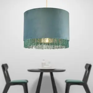 First Choice Lighting Set of 2 Teal Velvet With Chrome Inner Tassled Light Shades