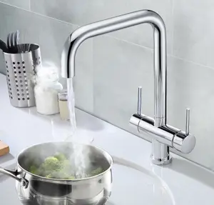 Chrome 3 in 1 Instant Boiling Hot Water Twin Lever Kitchen Tap Only Cool Touch