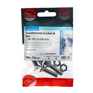 Timco - Socket Screws & Hex Nuts - Countersunk - Stainless Steel (Size M8 x 30 - 4 Pieces)