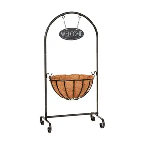 Classic Welcome Planter with Steel Frame, Hanging Sign, Basket & Liner - Home or Garden Plant Pot Decoration - H80 x W39 x D31cm