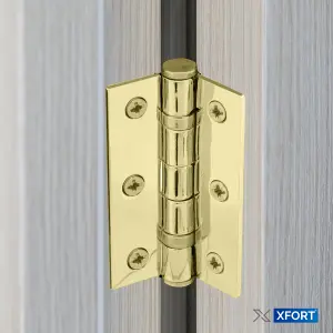 XFORT Polished Brass Tubular Latch Door Accessory Pack, Complate with 65mm Tubular Latch and 75mm Ball Bearing Hinges