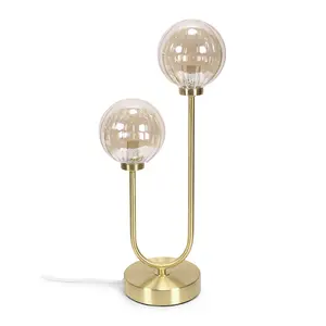 ValueLights Chessy Gold Metal Bar 2 Way Dual Table Lamp with Amber Ribbed Glass Globe Shades - LED Bulbs Included